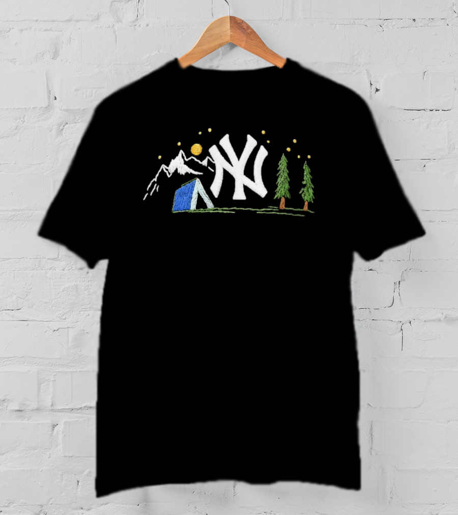 New York Yankees Embroidered Camping Mountain Tent Scene Cap T-Shirt