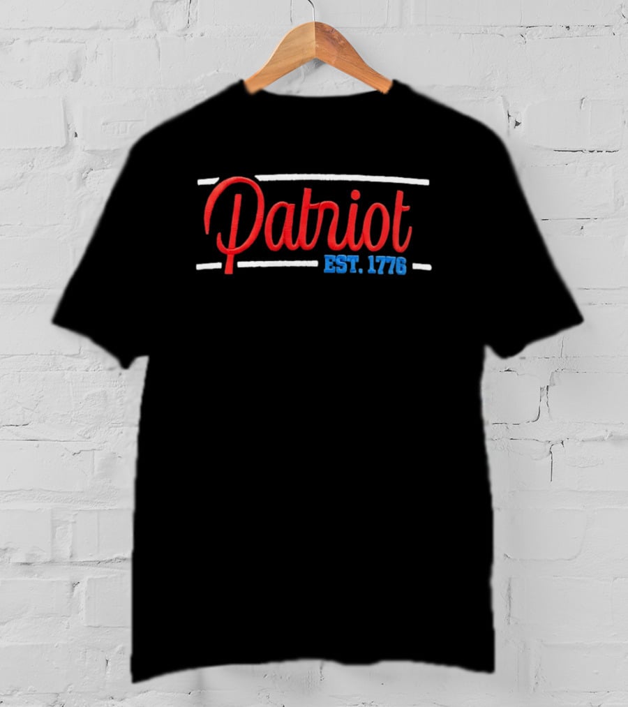 Patriot Est 1776 American Independence Bold Red And Blue Embroidered Lettering T-Shirt
