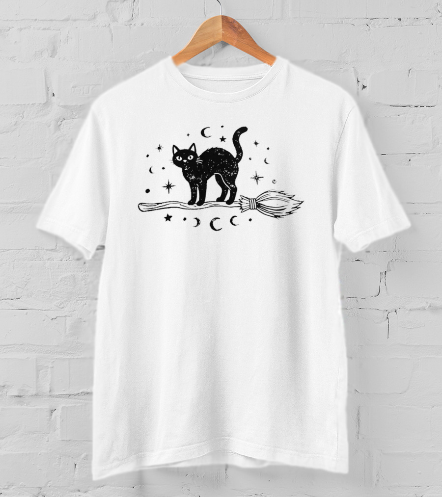 Black Cat With Celestial Moons Stars On Broomstick T-Shirt