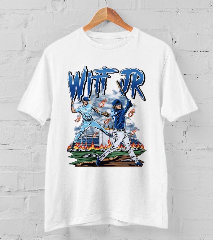Bobby Witt Jr Kansas City Royals Baseball Player Illustration With Dynamic Action Scenes T-Shirt