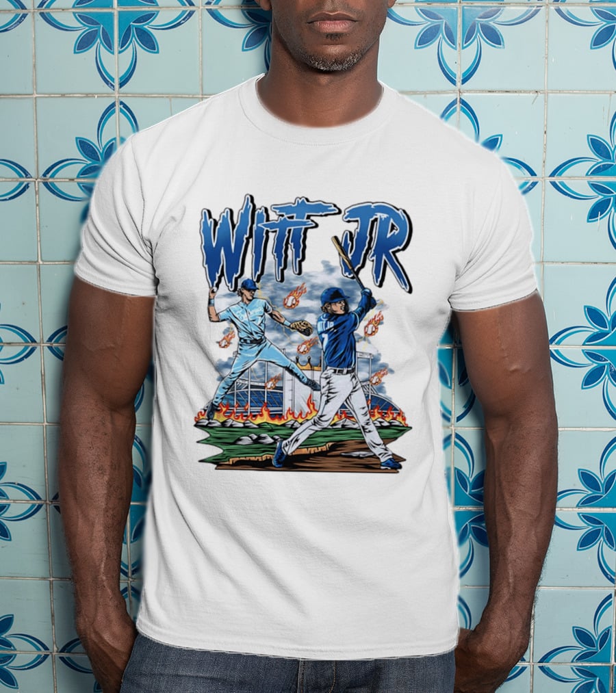 Bobby Witt Jr Kansas City Royals Baseball Player Illustration With Dynamic Action Scenes T-Shirt