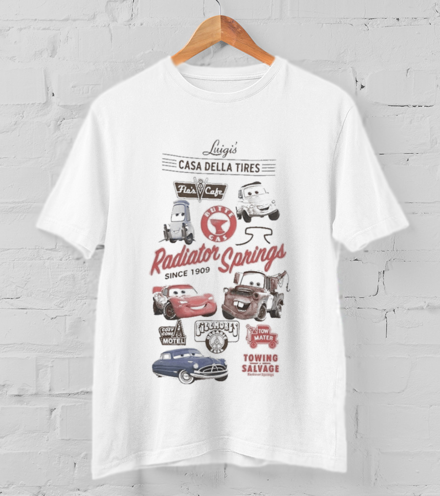 Luigi's Casa Della Tires Radiator Springs Classics Since 1909 Piston Cup Racing 95 Mater Tractor Tipping T-Shirt
