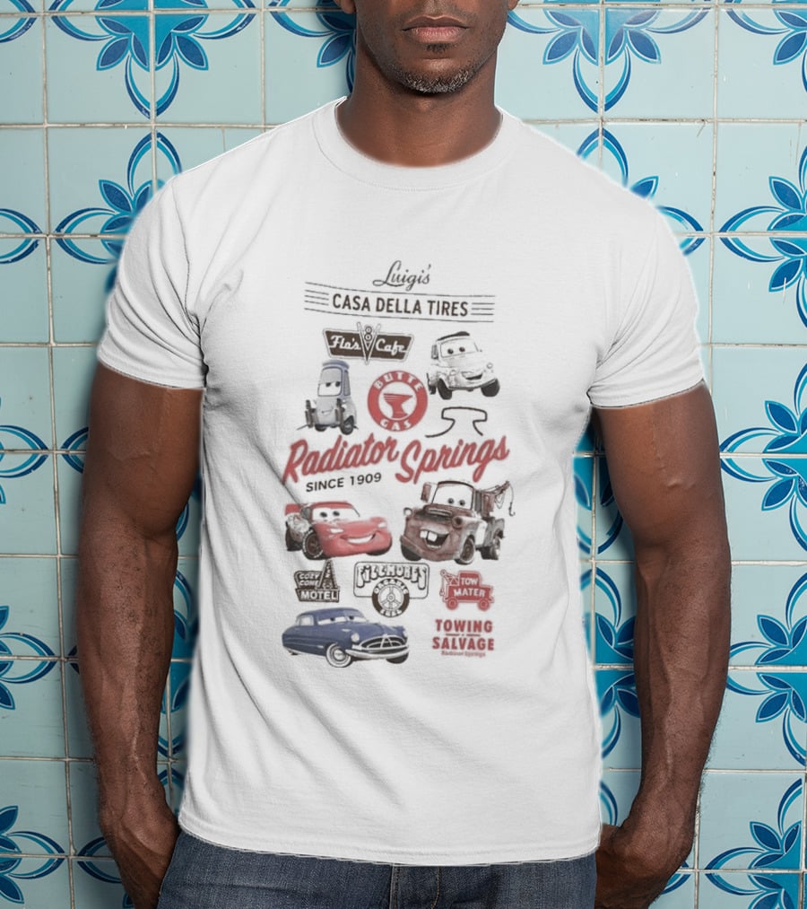 Luigi's Casa Della Tires Radiator Springs Classics Since 1909 Piston Cup Racing 95 Mater Tractor Tipping T-Shirt
