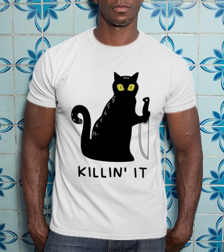 Black Cat Killin' It Halloween Knife T-Shirt