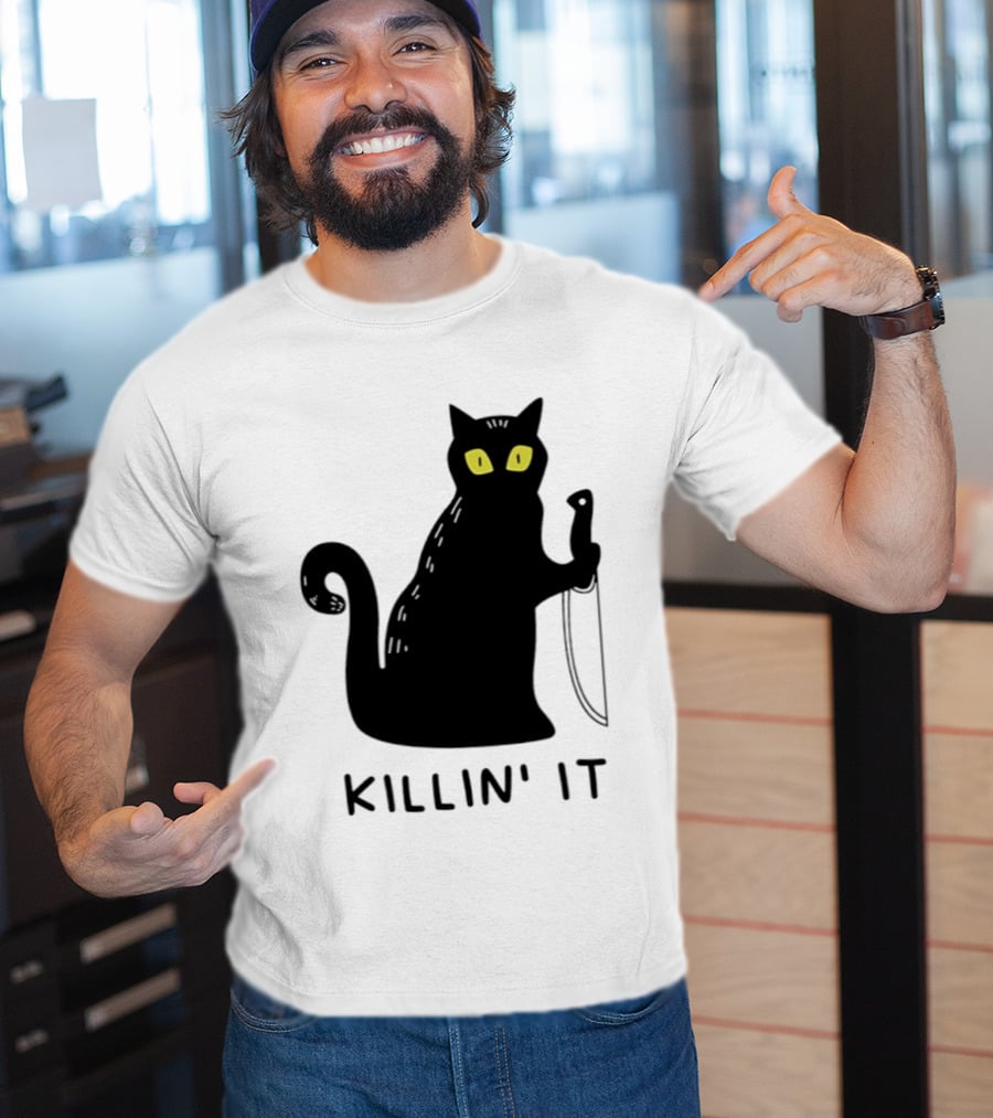 Black Cat Killin' It Halloween Knife T-Shirt
