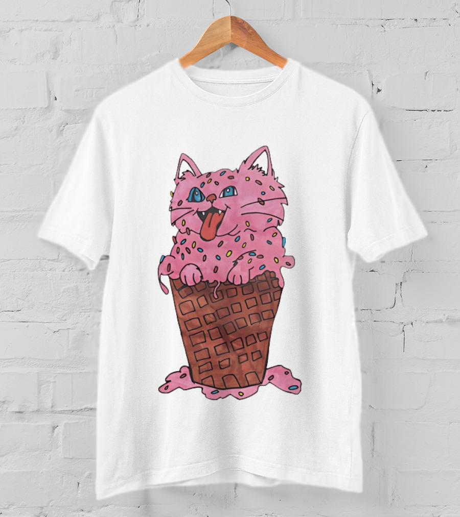 Pink Cat Ice Cream Cone Sprinkles Waffle Delight T-Shirt