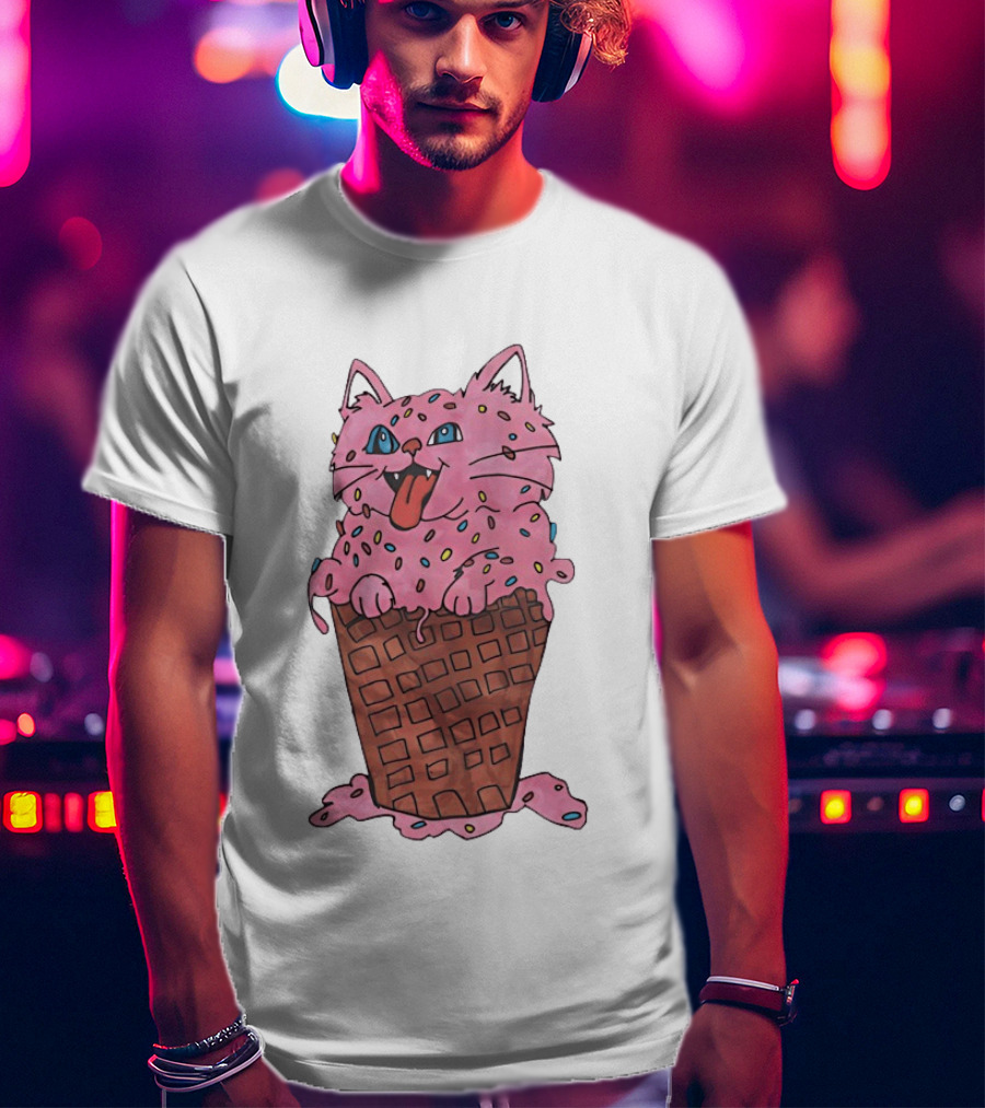 Pink Cat Ice Cream Cone Sprinkles Waffle Delight T-Shirt