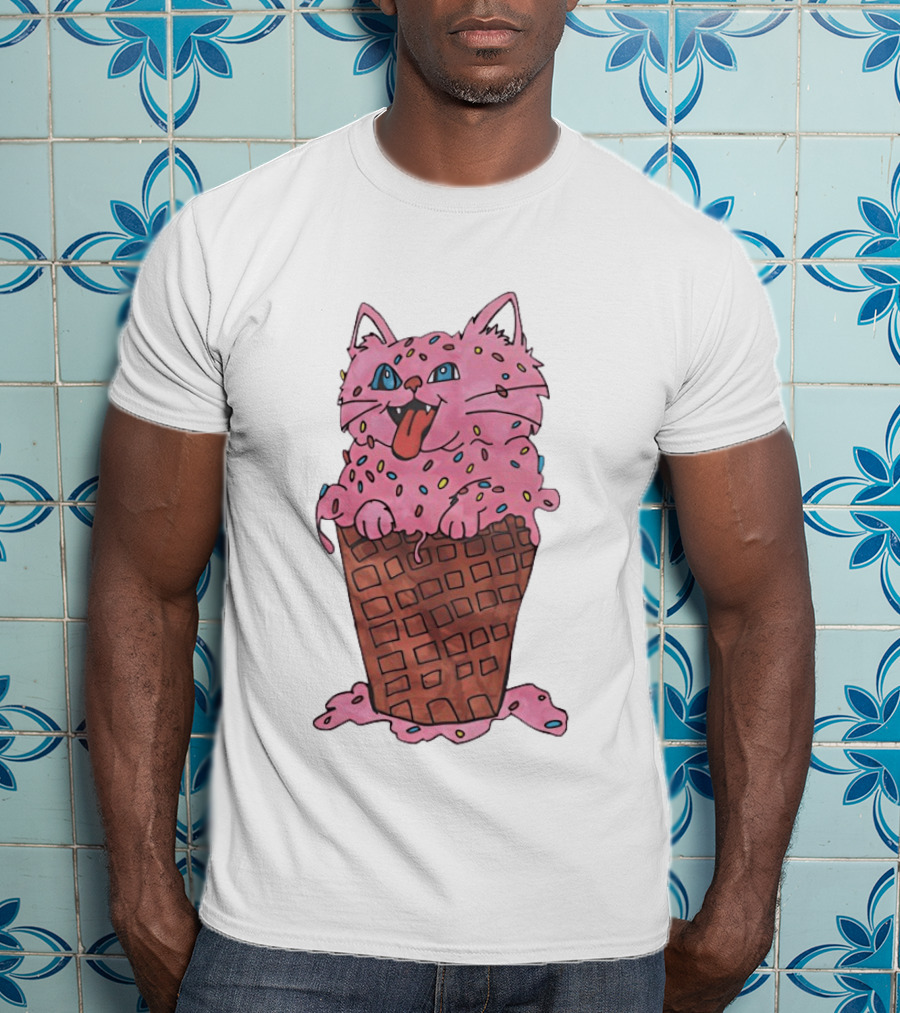 Pink Cat Ice Cream Cone Sprinkles Waffle Delight T-Shirt