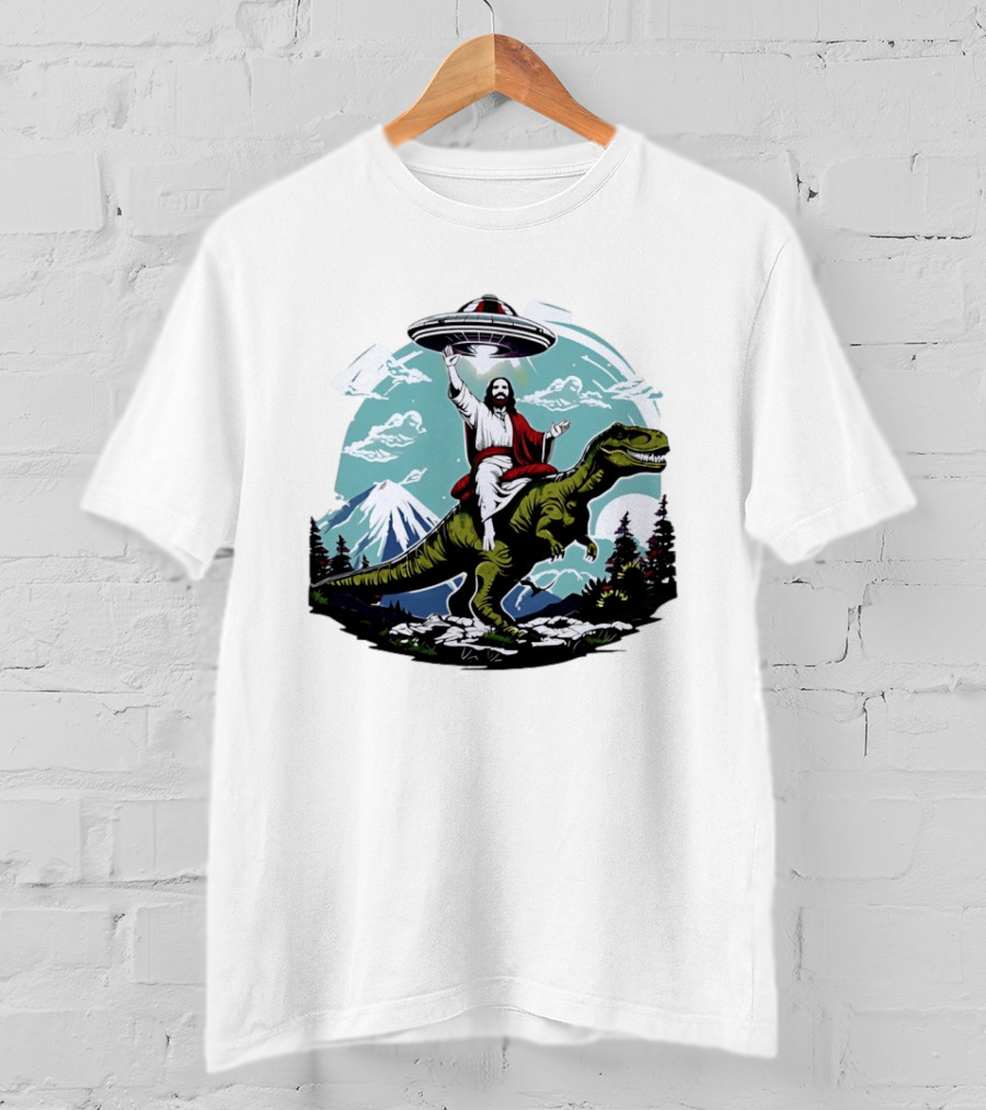 Jesus Riding Rex UFO Nature Scene With Mountains And Trees T-Shirt