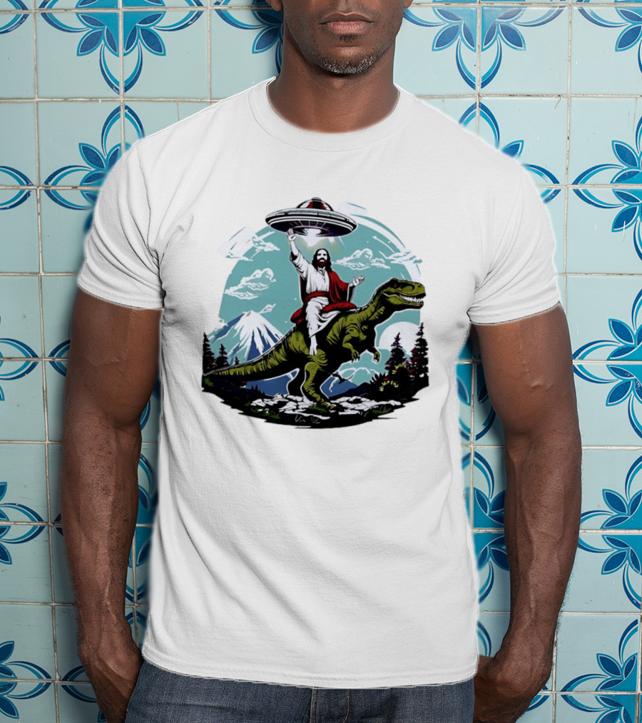 Jesus Riding Rex UFO Nature Scene With Mountains And Trees T-Shirt