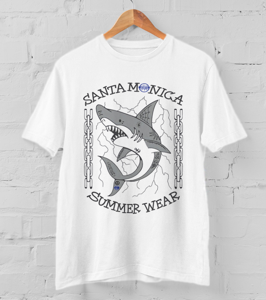 Santa Monica Summer Wear Shark Tattoo Chains And Waves T-Shirt