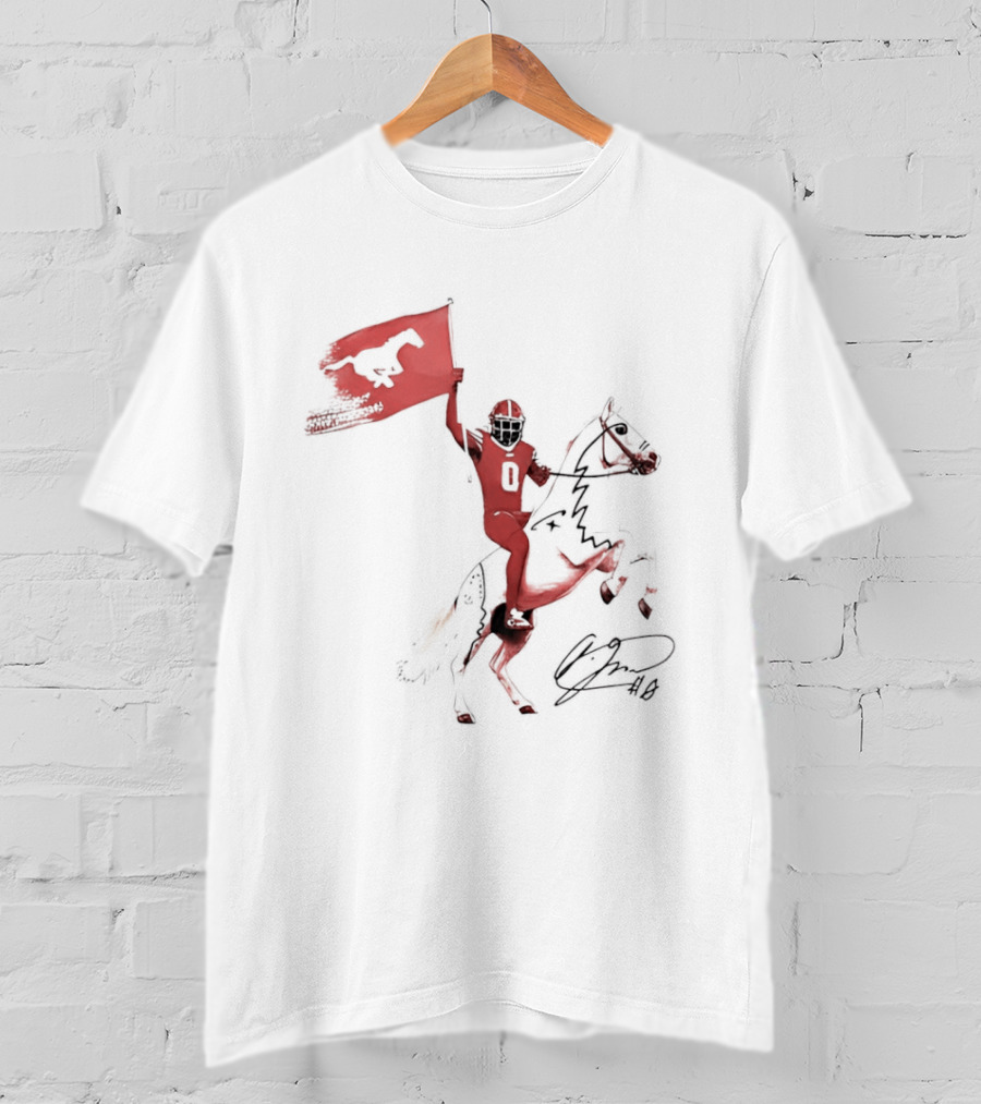 SMU Mustangs Football Player Riding Horse Holding Flag Number 0 T-Shirt