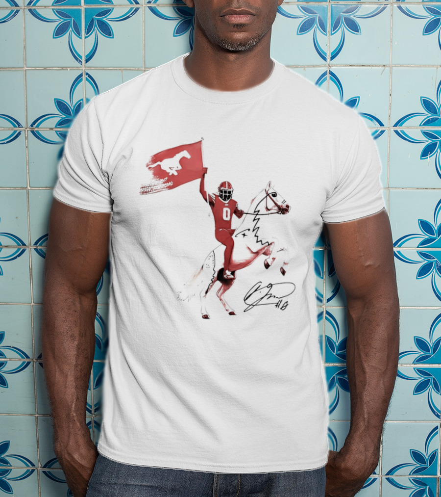 SMU Mustangs Football Player Riding Horse Holding Flag Number 0 T-Shirt