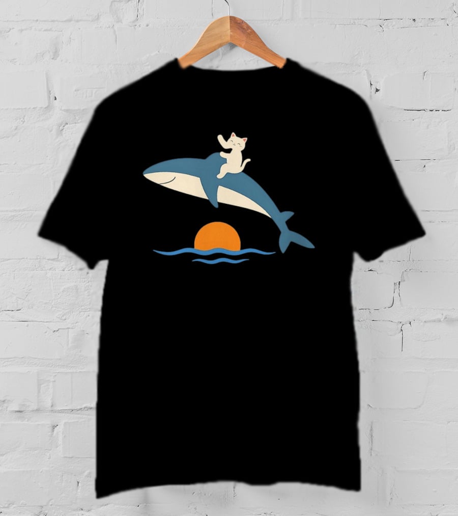 Cat On Orca Whale At Sunset Ocean Waves Scene T-Shirt