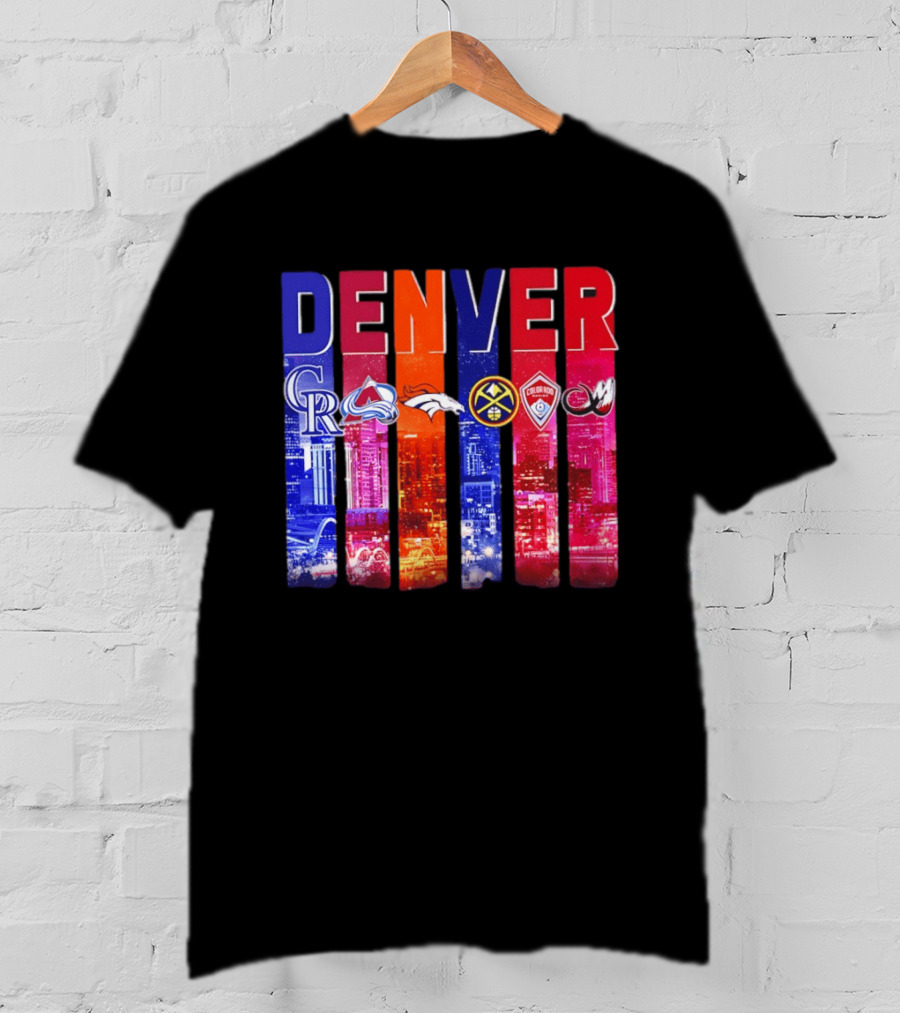 Denver City Skyline With Colorado Rockies Avalanche Broncos Nuggets Rapids Mammoth T-Shirt