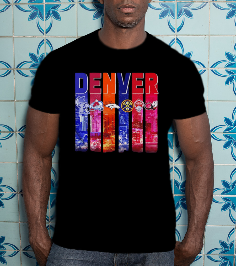 Denver City Skyline With Colorado Rockies Avalanche Broncos Nuggets Rapids Mammoth T-Shirt