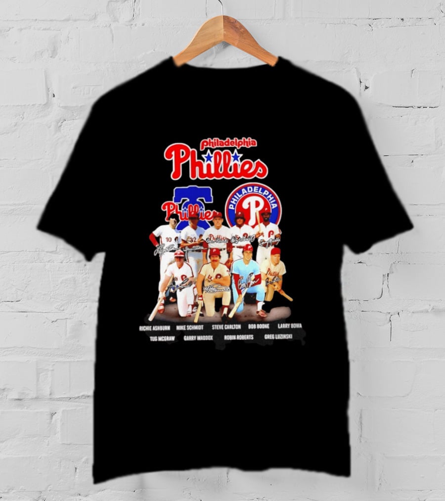 Philadelphia Phillies Legends Ashburn Schmidt Carlton Boone Bowa McGraw Maddox Roberts Luzinski Signatures Vintage Players T-Shirt