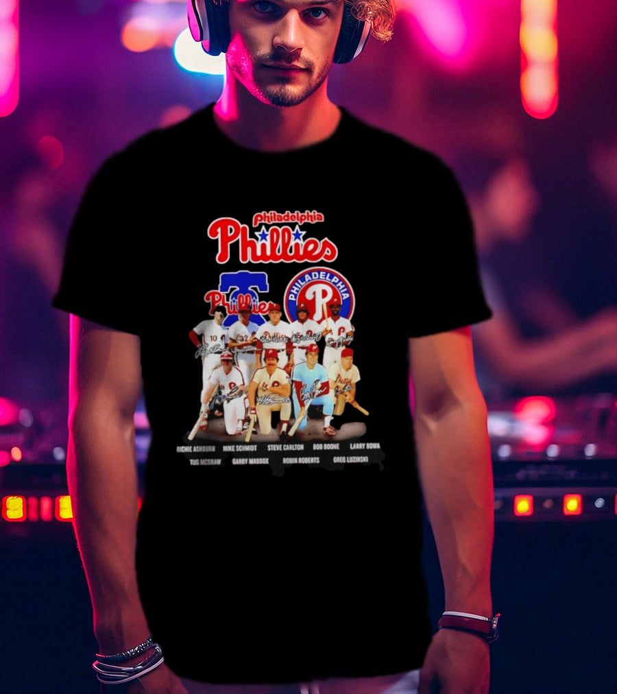 Philadelphia Phillies Legends Ashburn Schmidt Carlton Boone Bowa McGraw Maddox Roberts Luzinski Signatures Vintage Players T-Shirt