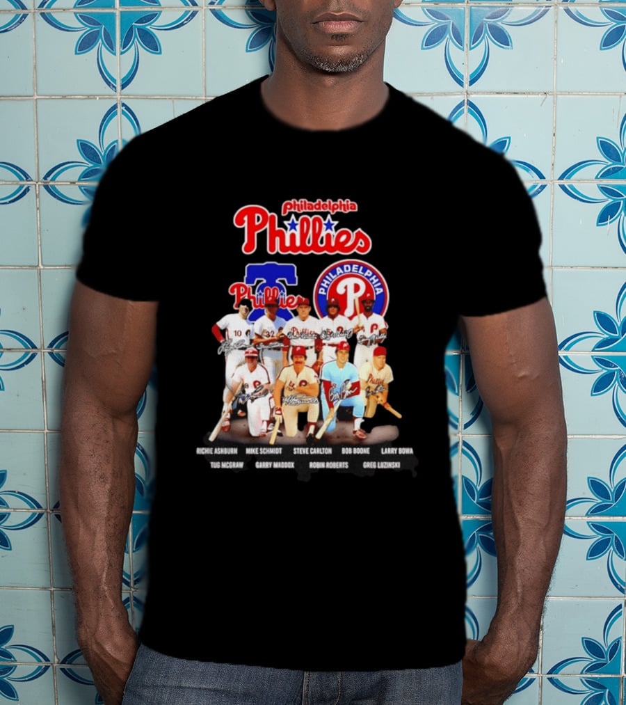 Philadelphia Phillies Legends Ashburn Schmidt Carlton Boone Bowa McGraw Maddox Roberts Luzinski Signatures Vintage Players T-Shirt