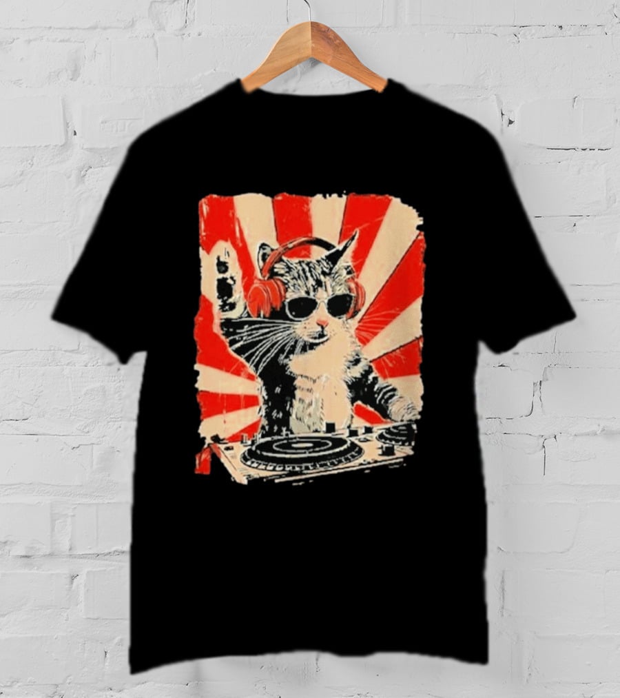 DJ Cat With Headphones Red Sunburst T-Shirt