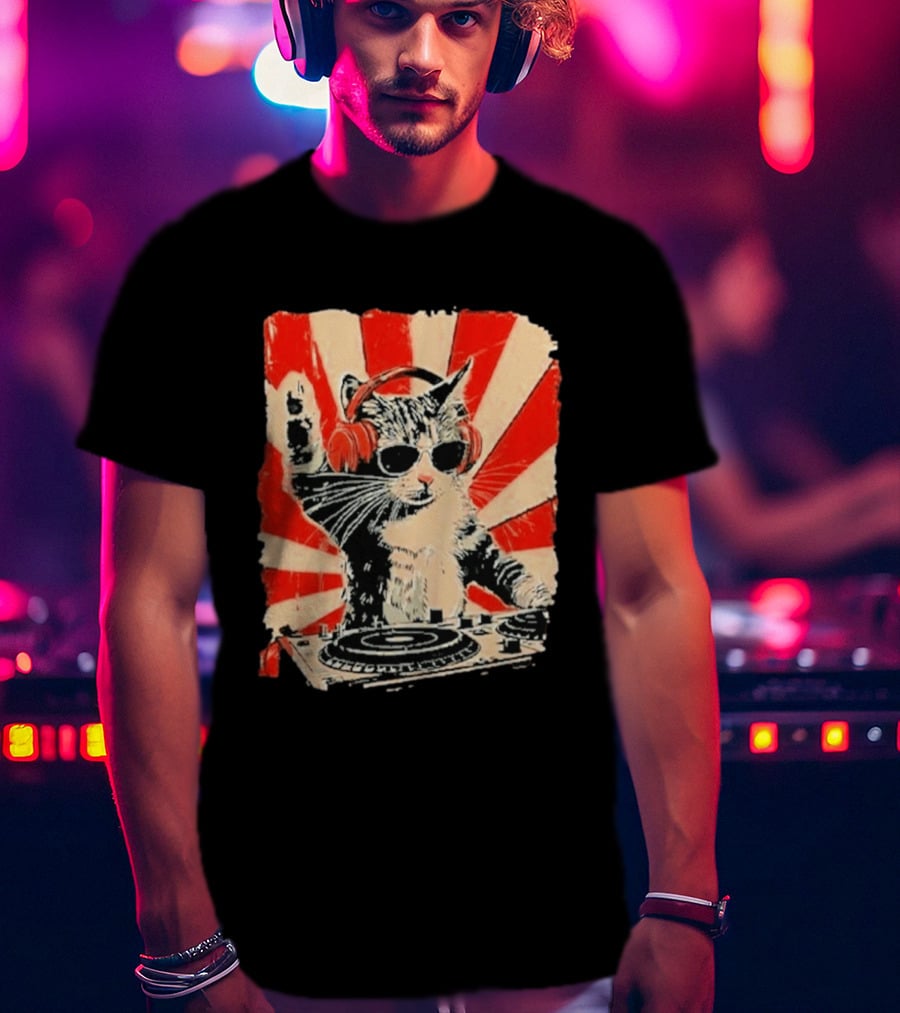 DJ Cat With Headphones Red Sunburst T-Shirt