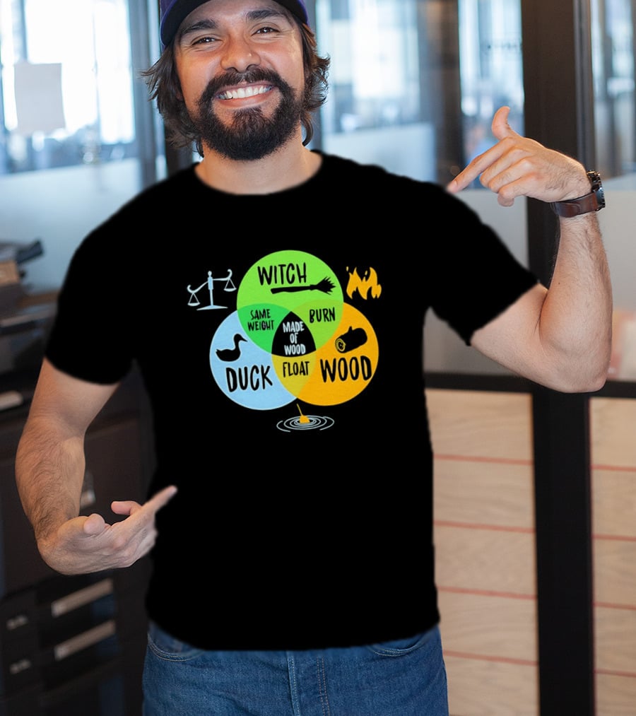 Monty Python Witch Duck Same Weight Made Of Wood Burn Float Venn Diagram T-Shirt
