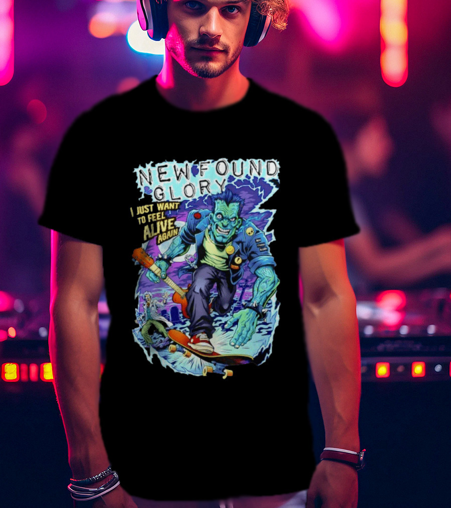 New Found Glory I Just Want To Feel Alive Again Frankenstein Skateboard Zombie Punk T-Shirt
