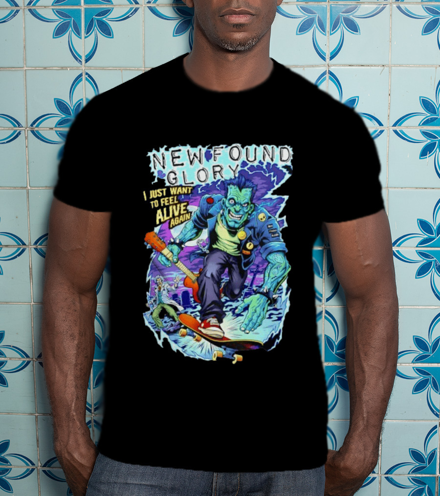New Found Glory I Just Want To Feel Alive Again Frankenstein Skateboard Zombie Punk T-Shirt
