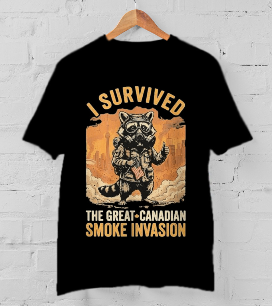 I Survived The Great Canadian Smoke Invasion Raccoon Cityscape Gas Mask T-Shirt