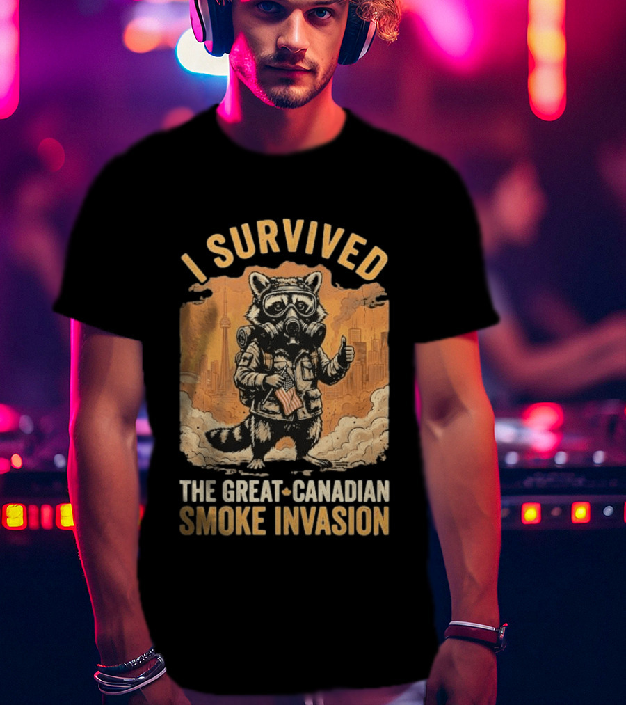 I Survived The Great Canadian Smoke Invasion Raccoon Cityscape Gas Mask T-Shirt
