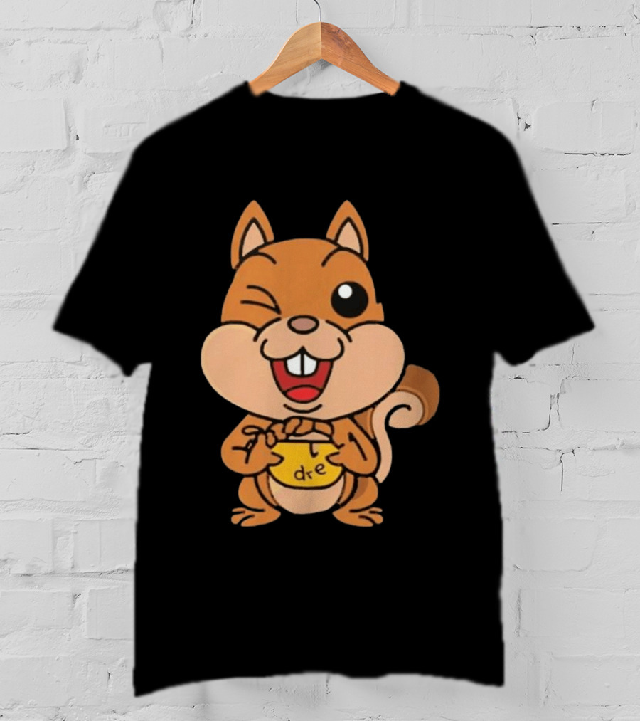 Cartoon Squirrel Holding Yellow Object With "dre" T-Shirt