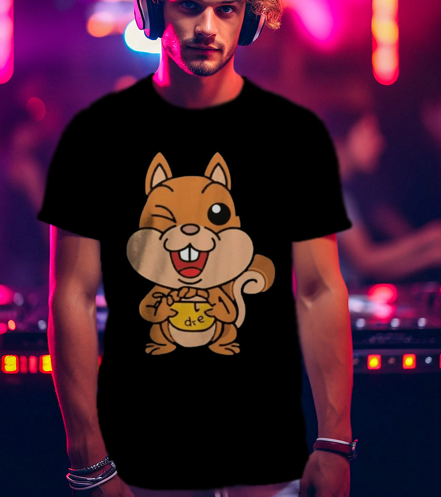 Cartoon Squirrel Holding Yellow Object With "dre" T-Shirt