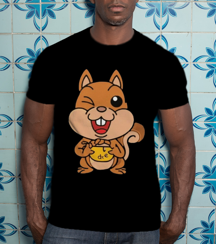 Cartoon Squirrel Holding Yellow Object With "dre" T-Shirt