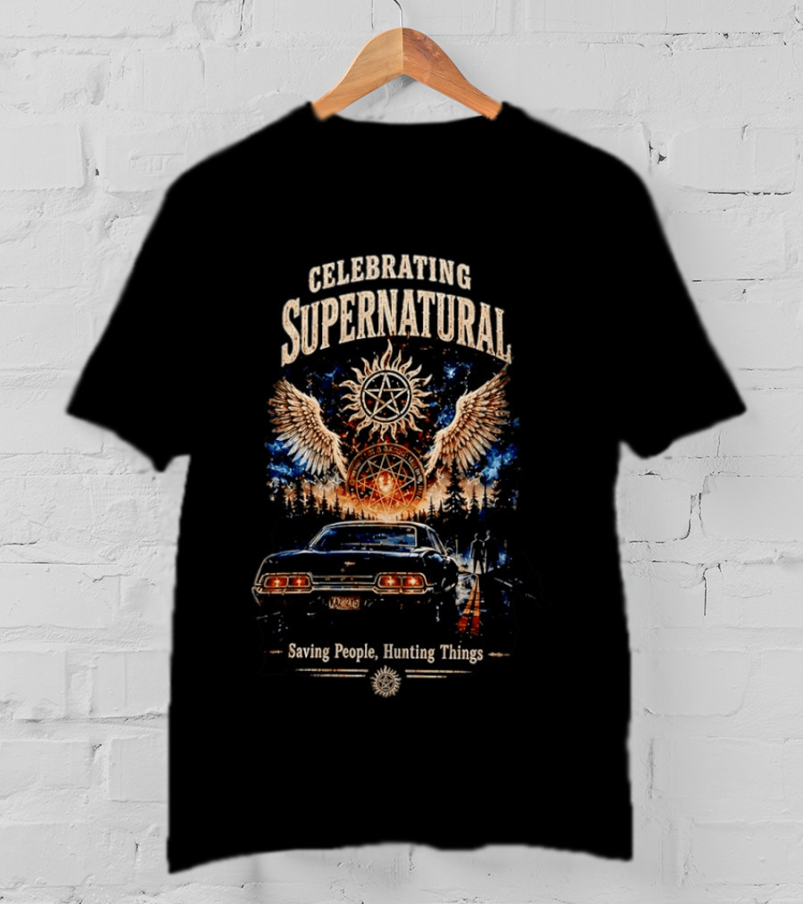 Celebrating Supernatural Saving People Hunting Things Angel Wings Classic Car T-Shirt