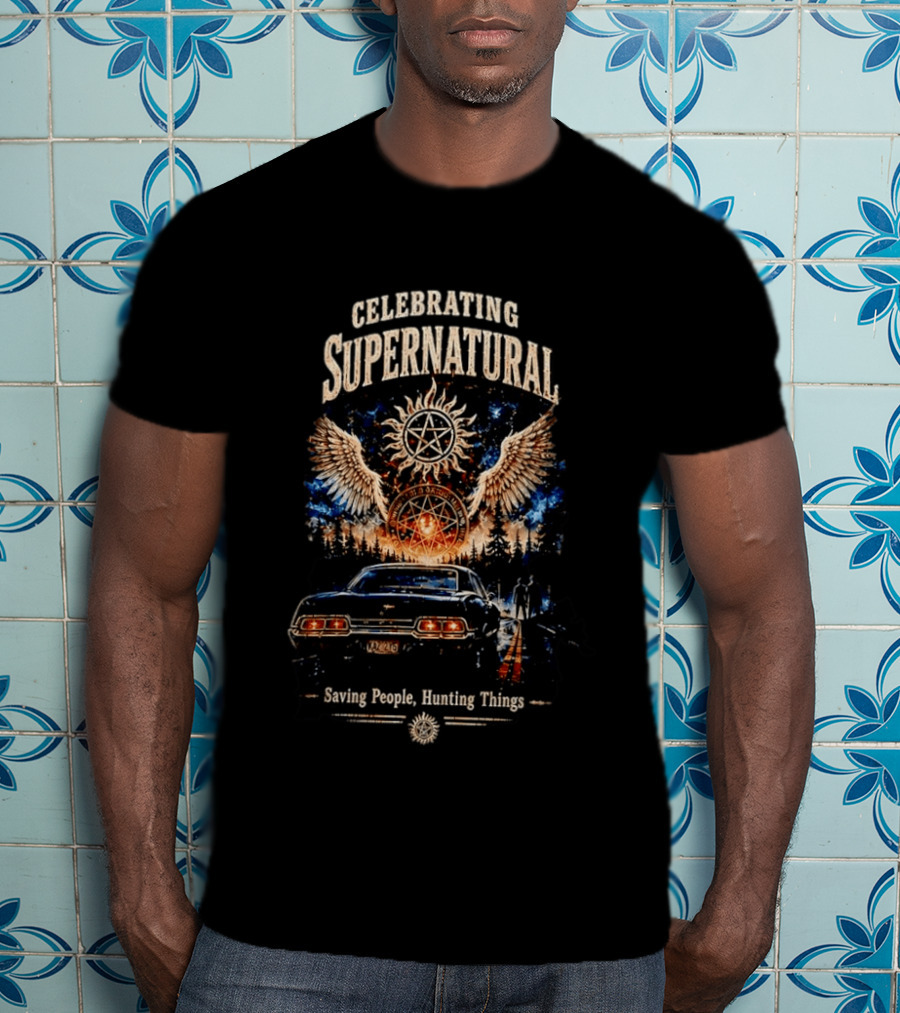 Celebrating Supernatural Saving People Hunting Things Angel Wings Classic Car T-Shirt