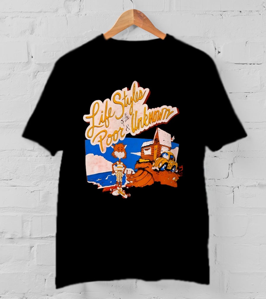 Life Styles Of The Poor And Unknown Cartoon Cat Beach Scene With House And Car T-Shirt