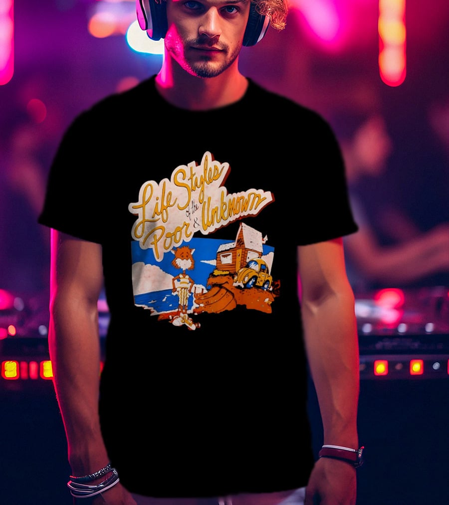 Life Styles Of The Poor And Unknown Cartoon Cat Beach Scene With House And Car T-Shirt