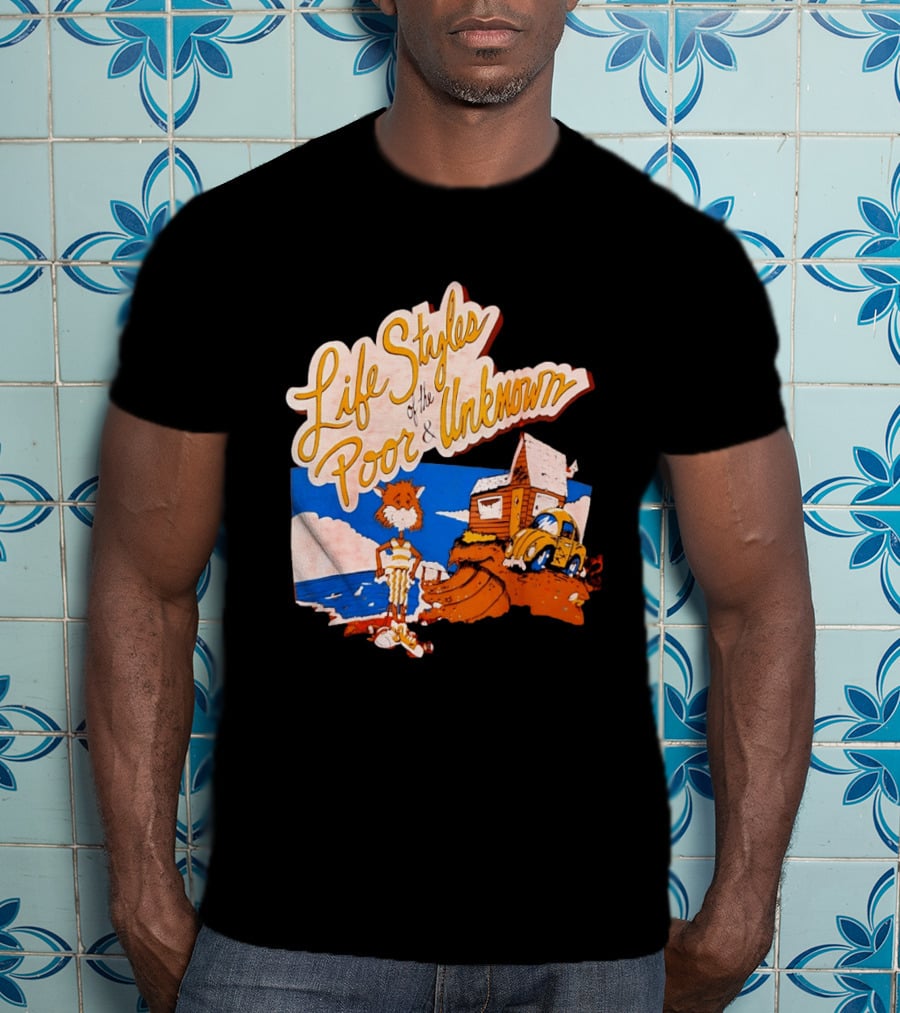 Life Styles Of The Poor And Unknown Cartoon Cat Beach Scene With House And Car T-Shirt