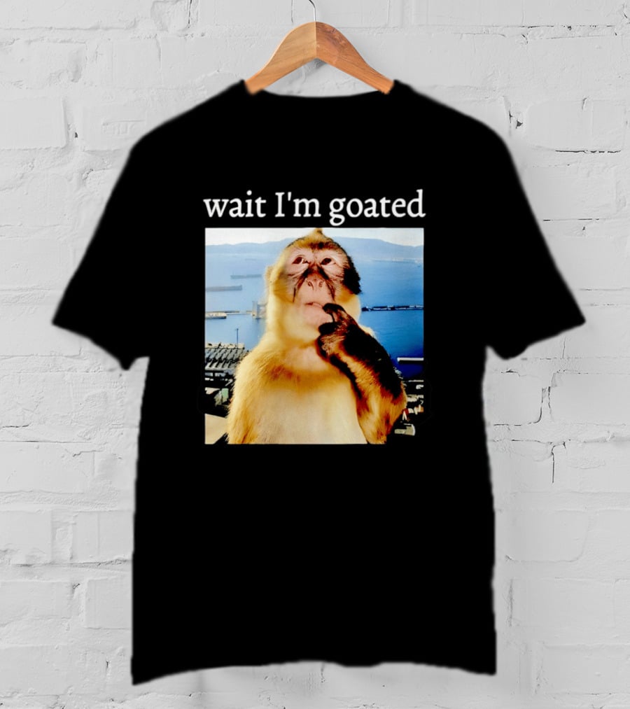 Wait I'm Goated Monkey Meme Coastal View Playful Expression T-Shirt