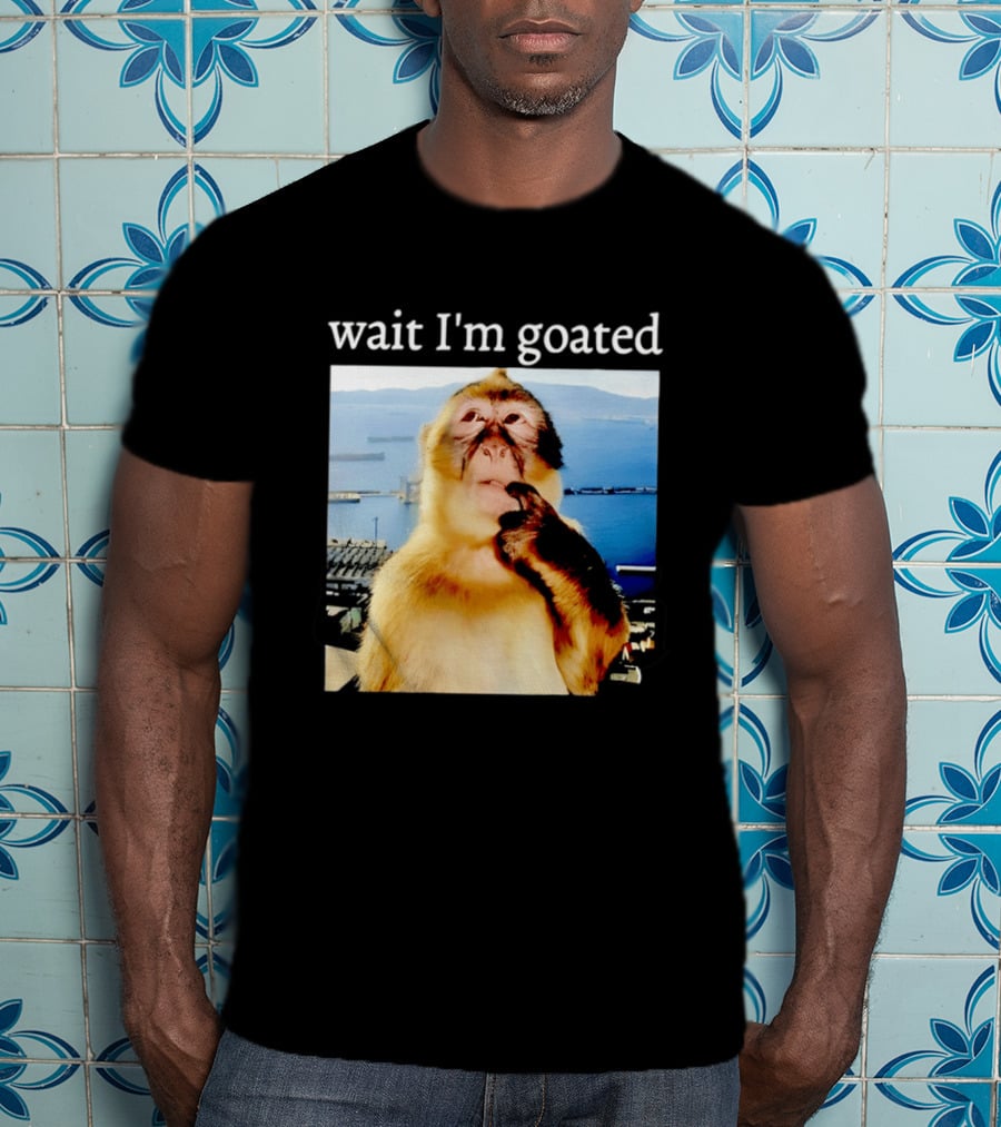 Wait I'm Goated Monkey Meme Coastal View Playful Expression T-Shirt