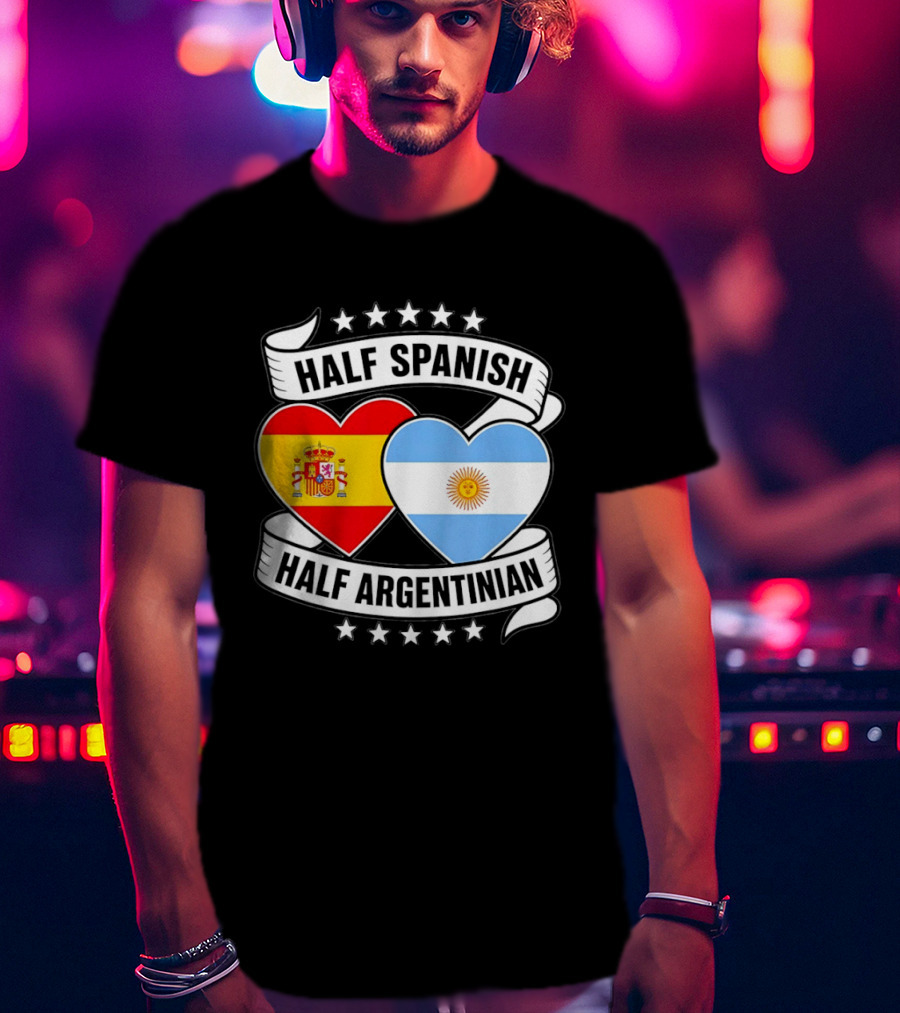 Half Spanish Half Argentinian Heart Flags Banner Star T-Shirt