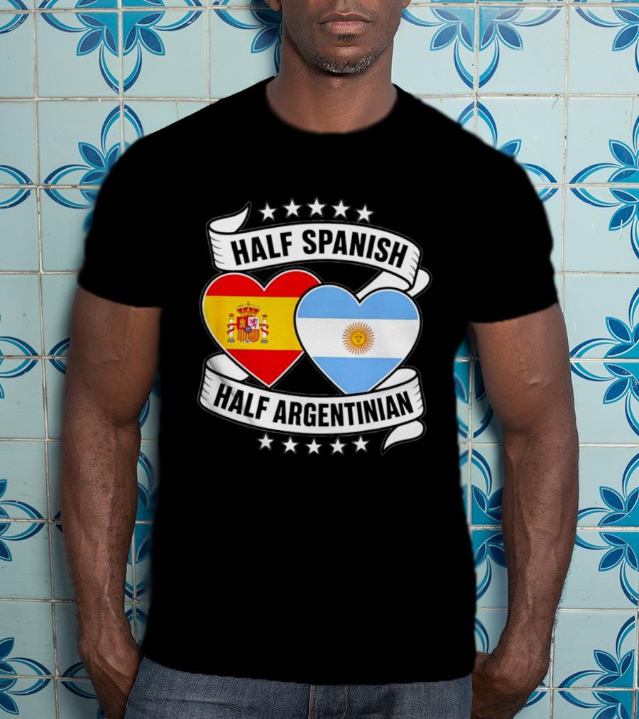 Half Spanish Half Argentinian Heart Flags Banner Star T-Shirt
