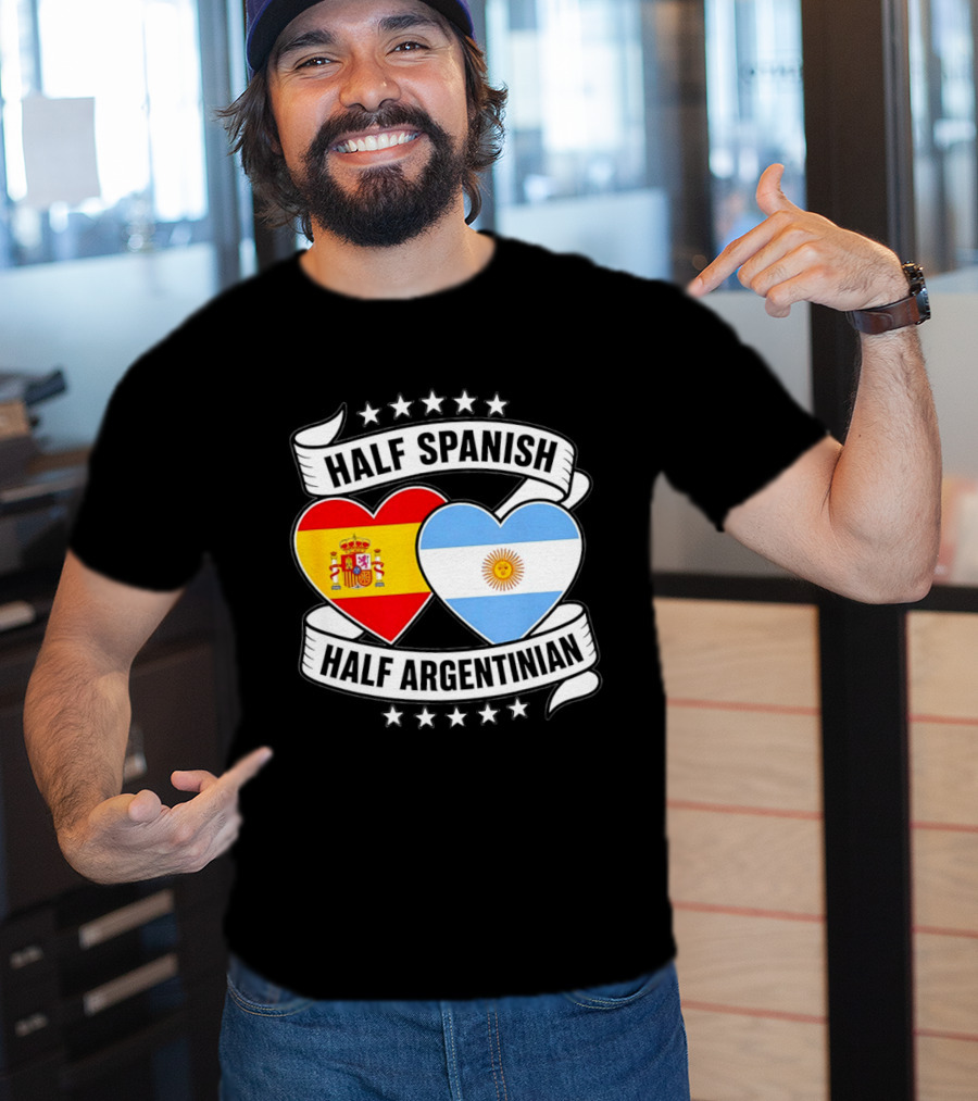 Half Spanish Half Argentinian Heart Flags Banner Star T-Shirt