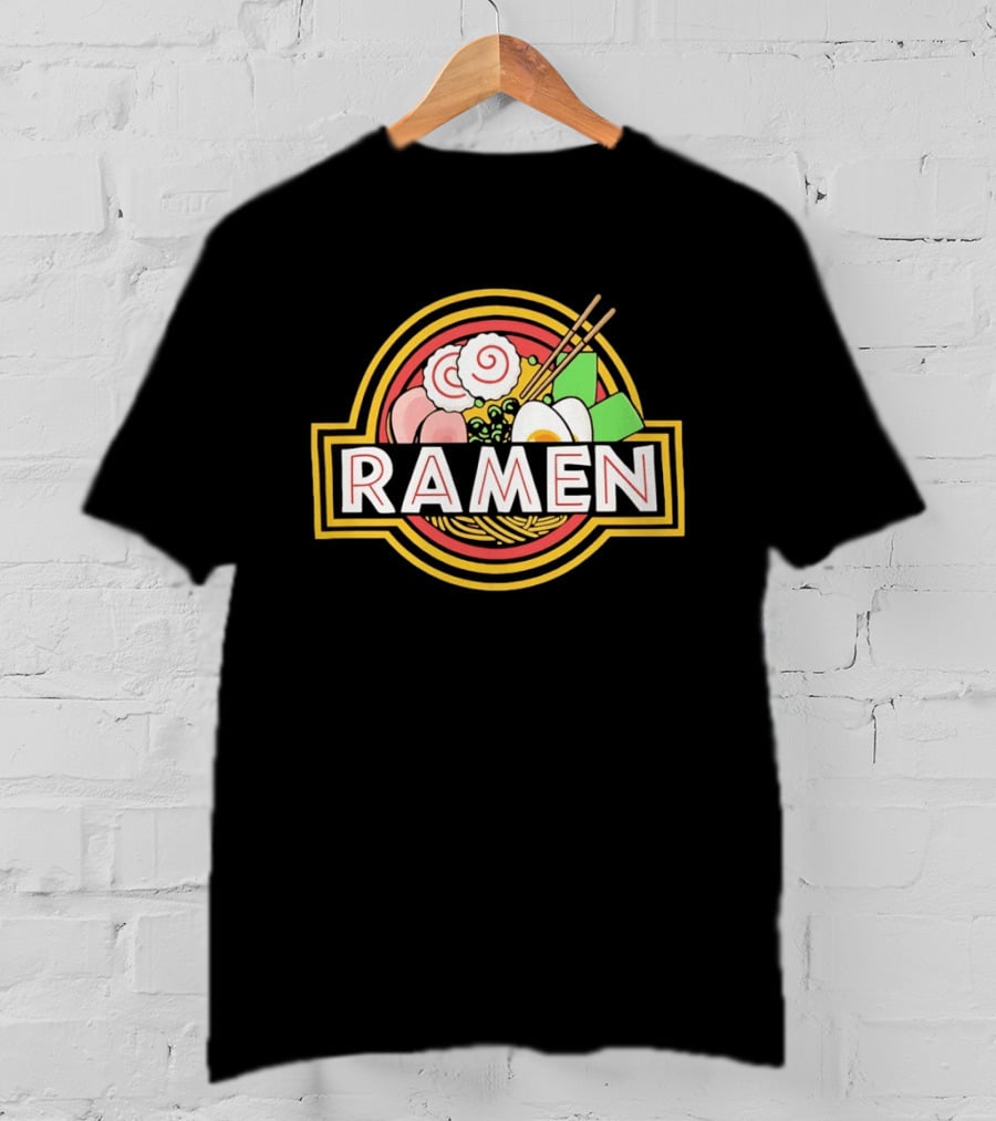 Ramen Jurassic Park Japanese Food Logo Parody With Noodles And Chopsticks T-Shirt