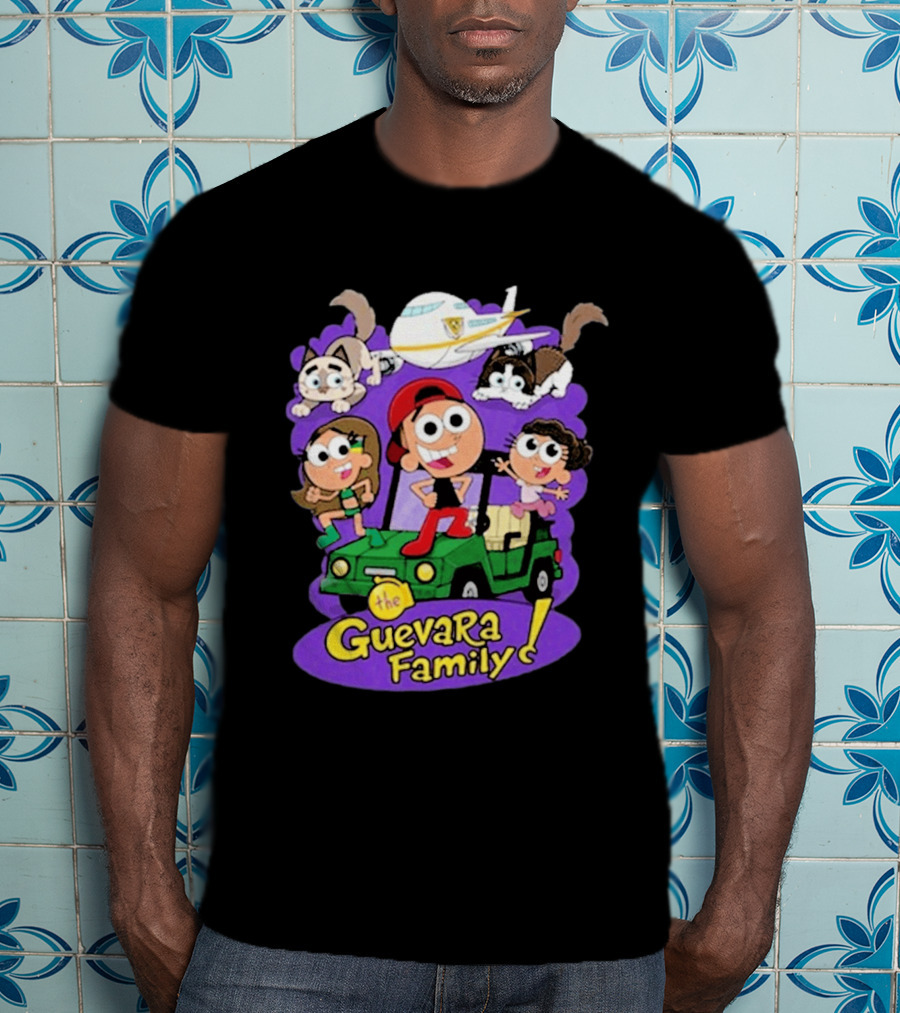 The Guevara Family Cartoon Adventure With Pets And Airplane T-Shirt