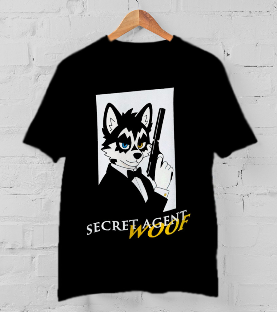 Secret Agent Woof Husky Tuxedo Spy Dog Holding Pistol Image T-Shirt