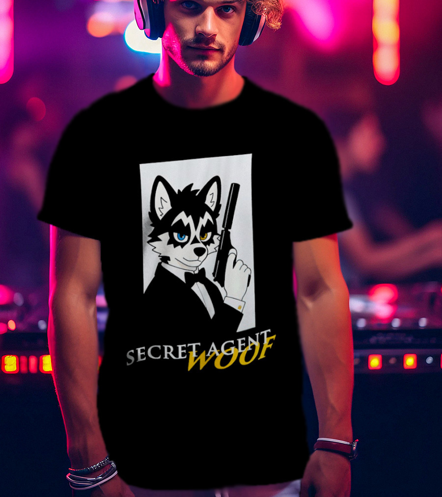 Secret Agent Woof Husky Tuxedo Spy Dog Holding Pistol Image T-Shirt