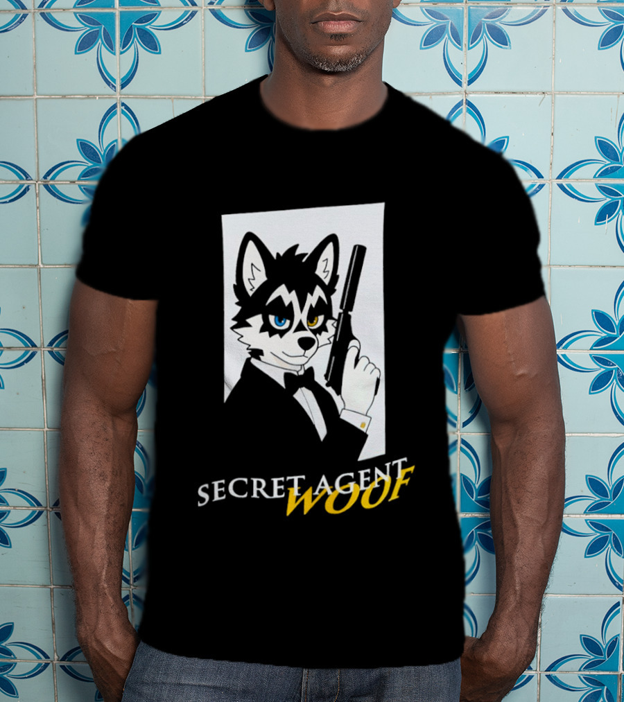 Secret Agent Woof Husky Tuxedo Spy Dog Holding Pistol Image T-Shirt