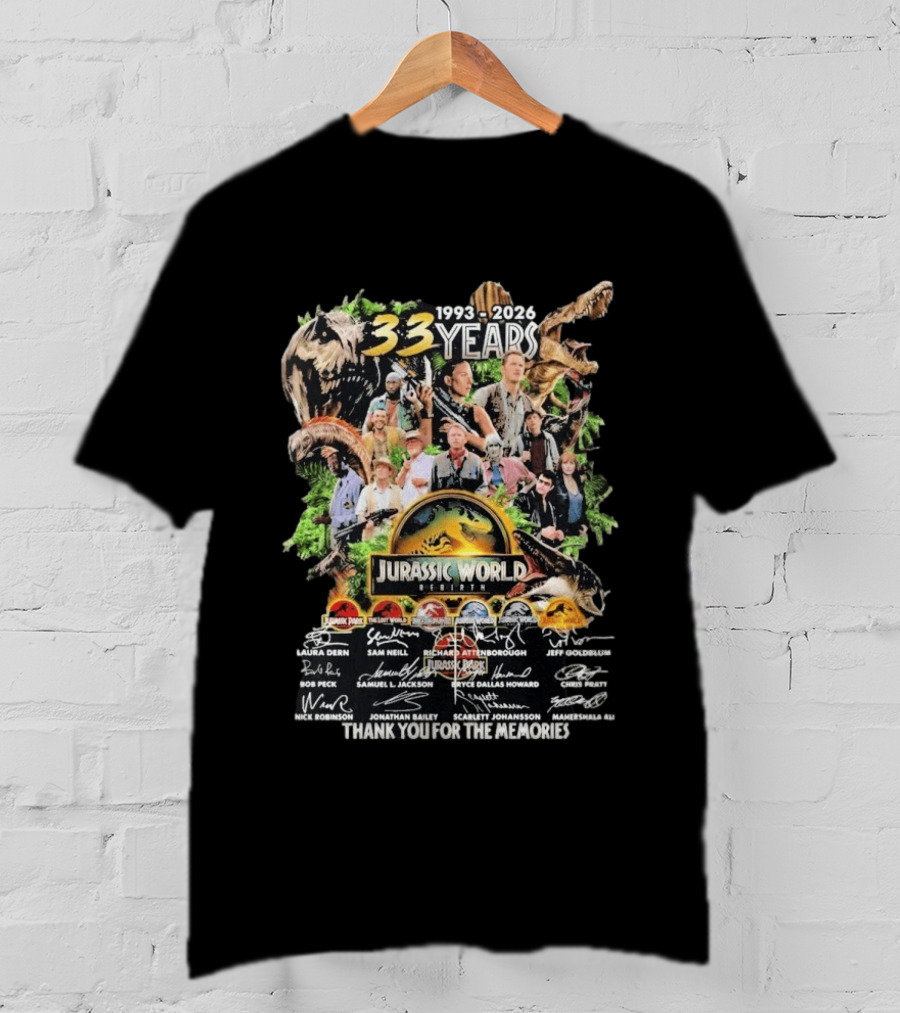 Jurassic Park Jurassic World 1993 2026 33 Years Thank You For The Memories Signatures T-Shirt