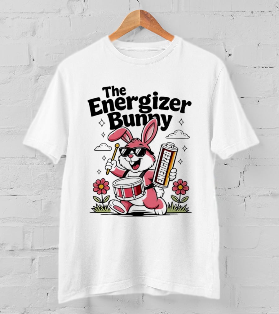 The Energizer Bunny Playing Drum Cartoon Pink Rabbit Sunglasses Drumming With Battery And Flowers T-Shirt